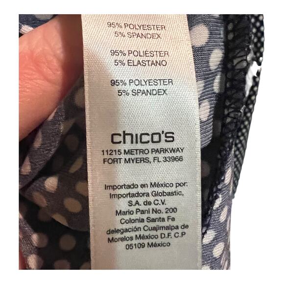Chico’s Women’s 1 Navy Scoop Neck Cream Polka Dot 3/4 Sleeve Loose Tunic Top - Picture 4 of 10